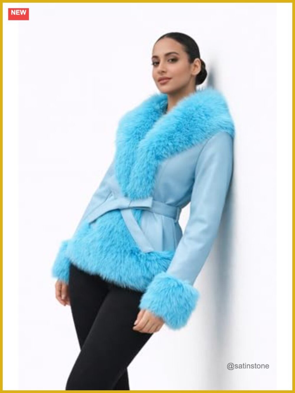 Women's Cropped Vegan Leather Jacket Faux Fur Trim Belted Fleece Lined - Picture 2 of 6